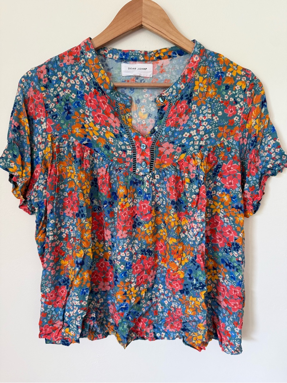 Dear John Teal Floral Short-Sleeve Buttoned Peasant Blouse